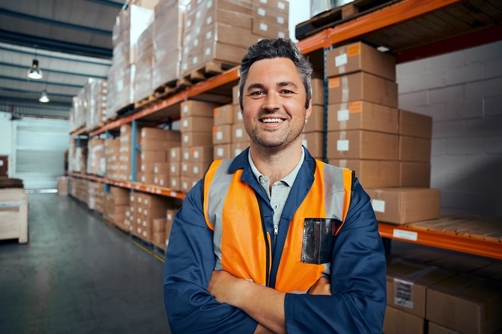 warehouse worker smiling in front of shelves full of boxes