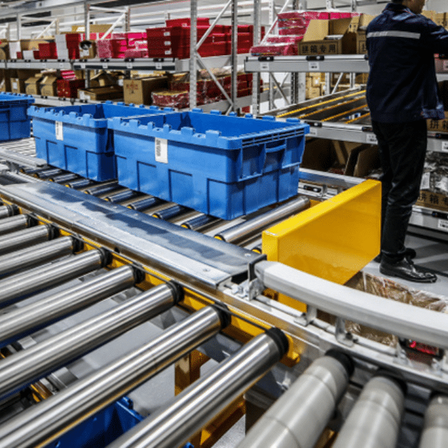 warehouse worker filling an order and placing items onto a conveyor belt